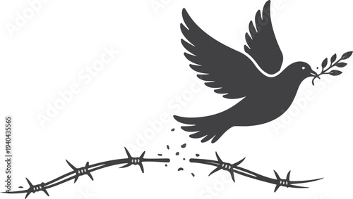 Flying Dove Breaking Barbed Wire Symbol Of Peace Breaking Conflict Barriers Minimal Silhouette Vector