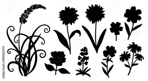 Flowers collection with various shapes and styles in black silhouette design featuring nature, floral, plants with