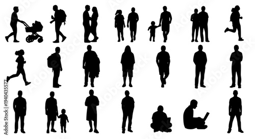 People silhouettes set with various poses and activities featuring walking, running, standing with sitting and holding
