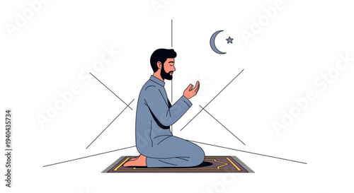Religious devotion illustration of a Muslim man offering daily prayers on a mat, symbolizing spirituality and faith