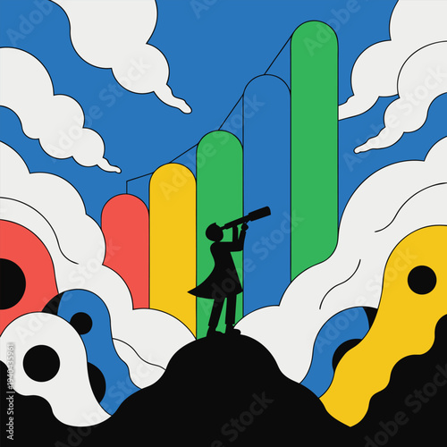 Vector illustration of a colorful cartoon city landscape with factory buildings, houses, trees, road, clouds, and people in a bright summer sky scene