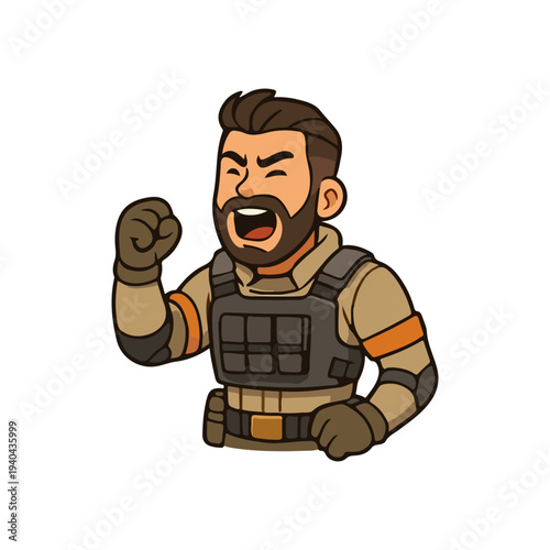 Angry soldier shouting loud. Military fighter yelling in action pose. Commando character showing rage.