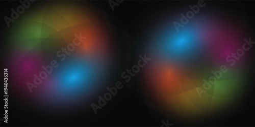 A vibrant abstract background featuring glowing neon dots of light spreading in shades of purple, green, and cyan over a textured dark field.