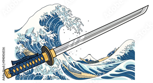 Samurai Sword Over Japanese Wave and Mount Fuji Illustration