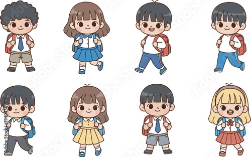 Diverse collection of cute primary school children characters with backpacks wearing uniforms going back to school isolated on white background