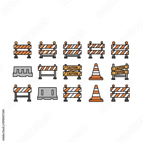 Collection of road construction barriers and traffic cones in various styles