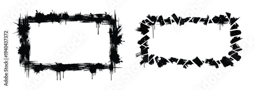 Two abstract black square frames with brush stroke effect on white background for photo or text