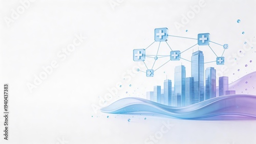futuristic interconnected urban buildings representing regional healthcare integration concept, digital smart city medical infrastructure, innovation science illustration