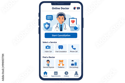 Mobile healthcare application interface displaying online doctor consultation services and various medical features