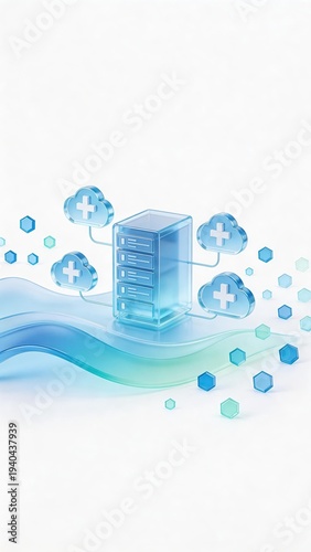 futuristic digital medical server rack connected to healthcare cloud representing cloud-based medical data storage and data center concept, innovation science illustration