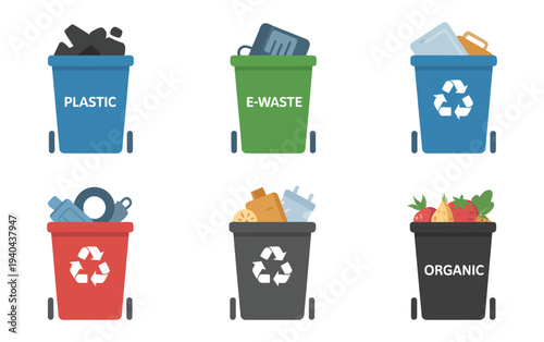 Recycling Bin Icons, vector illustrations of colorful waste bins for plastic, e-waste, and organic materials, representing recycling, waste management, and environmental sustainability