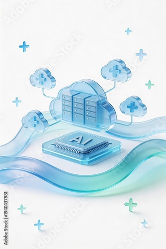futuristic AI chip base supporting cloud servers and medical network representing AI-powered healthcare computing and cloud data center concept, innovation science illustration