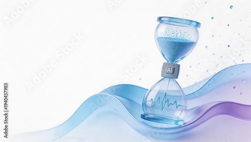 futuristic digital hourglass with AI chip monitoring heartbeat pulse representing real-time healthcare analytics and medical time management concept, innovation science illustration