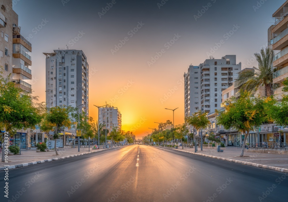 Fototapeta premium Urban Sunrise: A Serene Morning View of a City Street with Modern Buildings