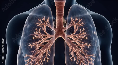 3D Animation of Human Lungs with Particles Entering through Trachea, Slow Motion, Seamless Loop, symbolizing respiratory health and air quality