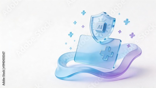 futuristic AI shield protecting medical payment card representing secure healthcare financing and data privacy concept, innovation science illustration