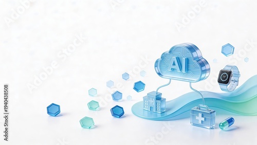 futuristic AI medical cloud connecting wearable watch, clinic, and medicine representing integrated healthcare ecosystem and smart pharmacy concept, innovation science illustration