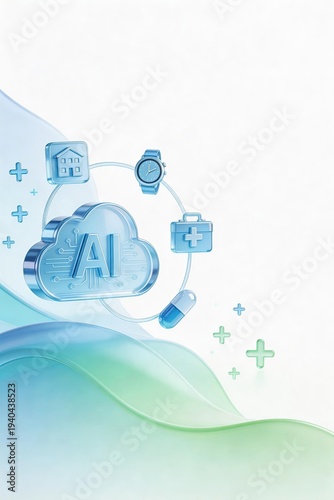 futuristic AI medical cloud connecting wearable watch, clinic, and medicine representing integrated healthcare ecosystem and smart pharmacy concept, innovation science illustration