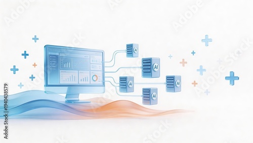 futuristic digital healthcare dashboard connected to AI servers representing medical big data analytics and smart monitoring center concept, innovation science illustration