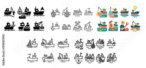 Nautical icons with boat fishing net colorful