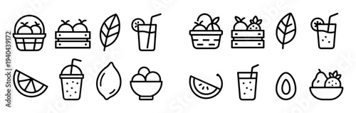 Fresh fruit icons with basket cup leaf outline