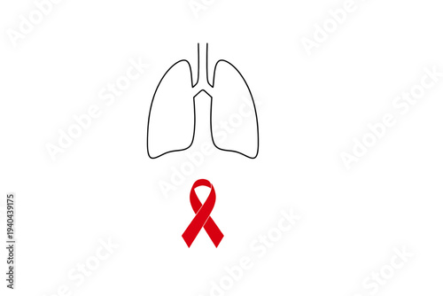 Visual icon of human lungs in outline accompanied by a prominent red awareness ribbon, representing respiratory health concerns, public health initiatives, and global solidarity for well-being