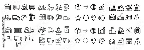 Logistics icons with truck box forklift outline