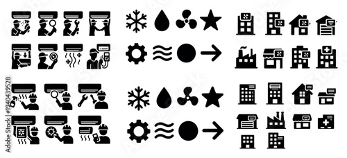 Hvac icons with air unit snowflake droplet glyph