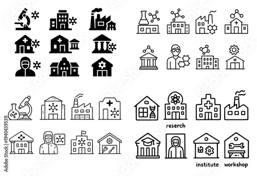 Medical icons with microscope hospital lab outline