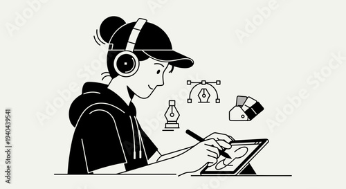 Man Wearing Headphones Using Tablet.
