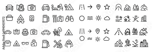 Travel icons with car camera map minimal