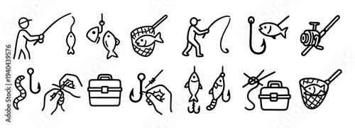 Fishing icons with rod hook net outline stroke