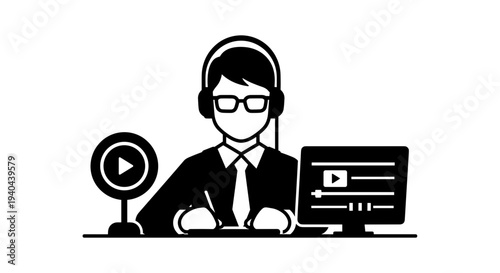 Man Wearing Headset Working Computer.