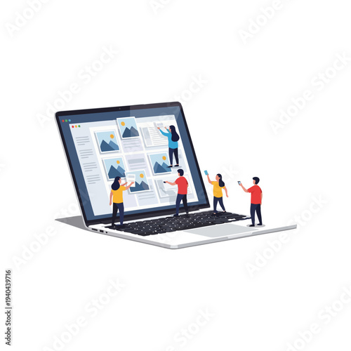 Tiny people interacting with a laptop screen displaying a gallery of images.