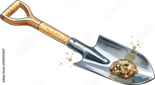 An illustration of a shovel with a wooden handle and a scoop of dirt on a white background