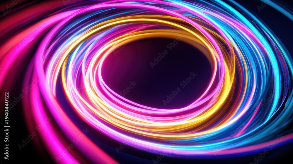 Fototapeta premium Vibrant Abstract Background with Swirling Neon Lights in Pink, Yellow, and Blue Colors