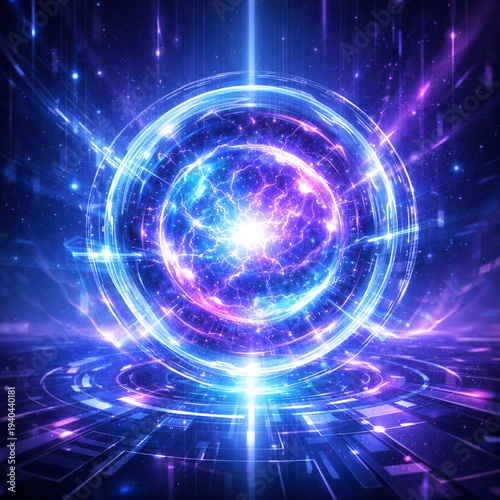 Futuristic Energy Sphere Background with Glowing Blue Purple Digital Core, Sci-Fi Cyber Technology Power Effect
