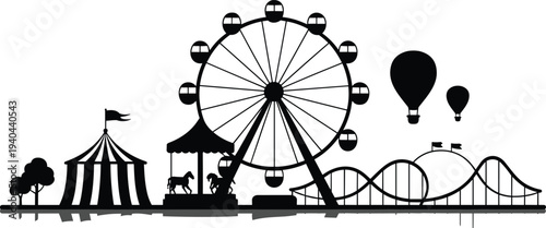 Amusement park silhouette with ferris wheel, roller coaster and circus tent, carnival entertainment vector illustration isolated on white background