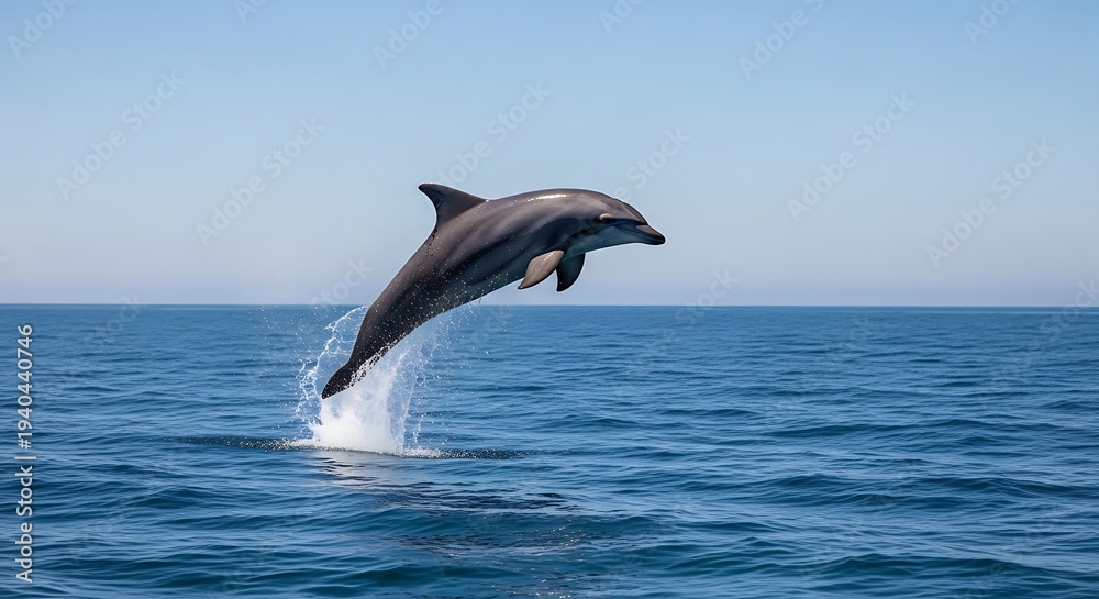 Naklejka premium Jumping dolphin in clear blue ocean water under a cloudless sky