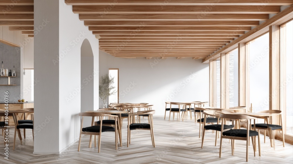 Fototapeta premium Modern Restaurant Interior with Wooden Tables, Chairs, and Natural Light for Commercial Use