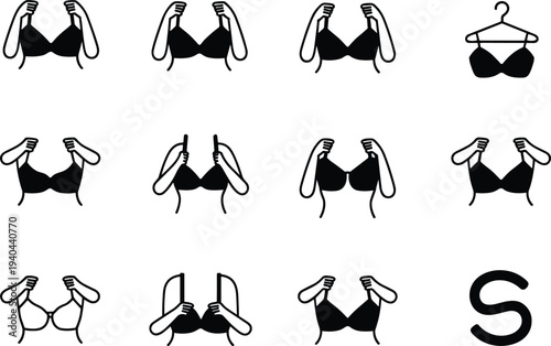 Bra icon set showing bra wearing adjustment fitting and lingerie hanger symbols for women clothing fashion underwear store design and apparel guides