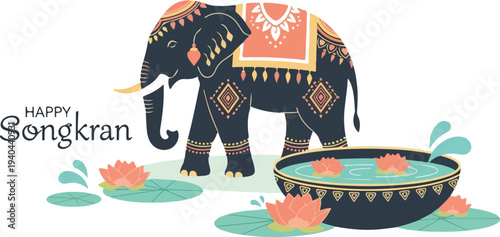 Happy Songkran Festival Greeting with Ornate Thai Elephant and Lotus Flowers Vector Illustration