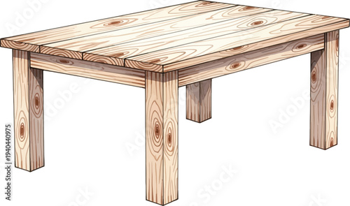 A simple wooden table with a rustic design on a white background