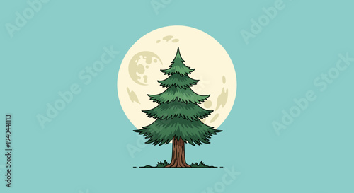Pine Tree Silhouette Against Full Moon.