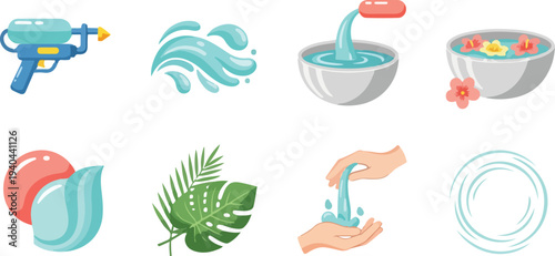 Songkran Festival Elements Set with Water Gun, Floral Water Bowl, and Tropical Leaves for Thai New Year Celebration