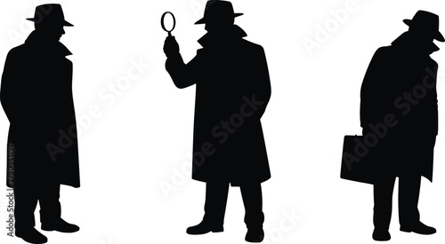 Detective silhouette set with private investigator magnifying glass trench coat and briefcase for mystery crime investigation and noir theme design
