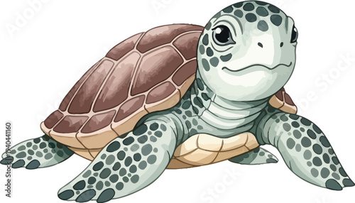 A cute sea turtle with a brown shell and green spots on its body