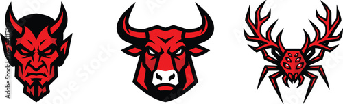 Aggressive red devil, bull, and spider mascot logo set with bold outline style for esports team branding and gaming identity