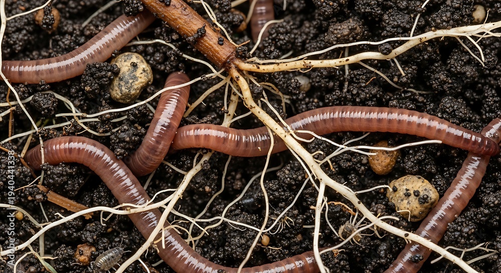 Fototapeta premium Close up of earthworms and roots in rich dark soil with overhead lighting