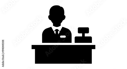 Silhouette of man at reception desk.